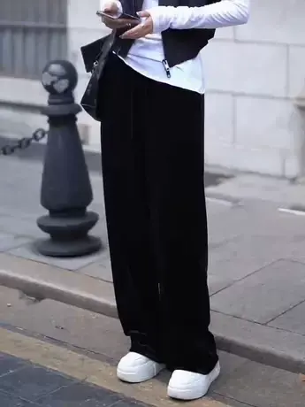 2023秋季新款宽松黑色高腰阔腿裤女慵懒风休闲裤拖地裤子ins潮流商品大图