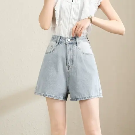 时尚气质牛仔短裤2023年夏季新款女士简约高腰显瘦通勤百搭直筒裤商品大图