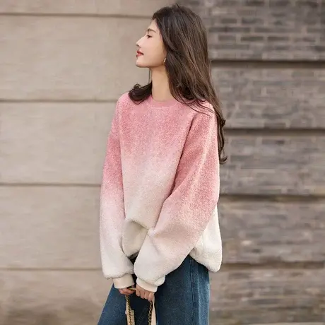 时尚休闲卫衣2023年冬季新女款圆领百搭显龄宽松渐变色加厚上衣商品大图