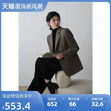 嘉茱莉新款复古毛呢大衣女短款宽松毛呢外套小个子毛呢西装外套商品大图