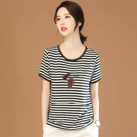 韩潮袭人圆领条纹短袖T恤女2023夏新款刺绣休闲正肩体恤衫上衣薄图片