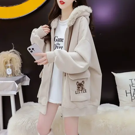 加绒加厚连帽卫衣开衫女2024新款春季爆款洋气减龄宽松设计感外套商品大图