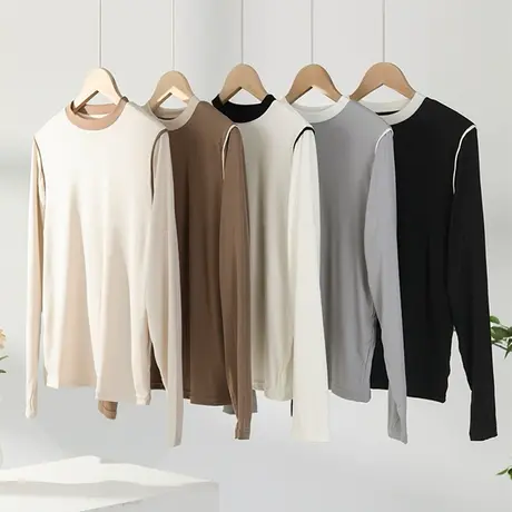 享永子【百变打底】蚕蛹蛋白面膜小衫舒适撞色T恤圆领打底衫上衣商品大图