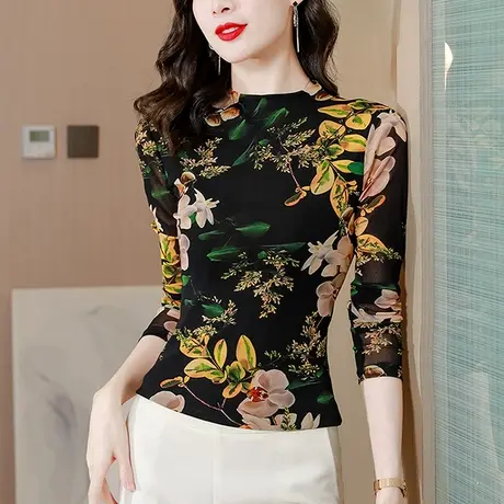 复古印花网纱T恤女长袖年轻减龄上衣加绒加厚半高领打底衫内搭ins商品大图