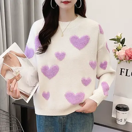 减龄慵懒风爱心提花针织衫加厚毛衣2023冬季新款保暖韩版时尚内搭商品大图