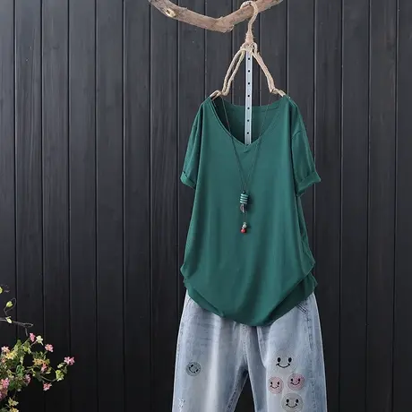 内搭t恤衫女简约V领百搭纯色夏季新款打底衫修身显瘦薄款短袖上衣商品大图