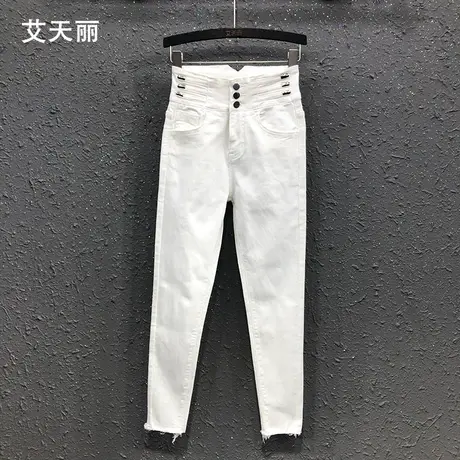 时尚高腰排扣设计牛仔长裤欧货春夏季新款修身显瘦小脚铅笔裤女潮商品大图