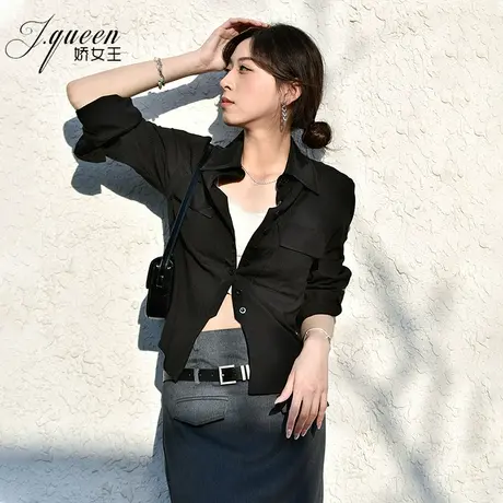 黑色修身衬衫上衣女夏季新款洋气百搭收腰显瘦小个子短款长袖衬衣商品大图