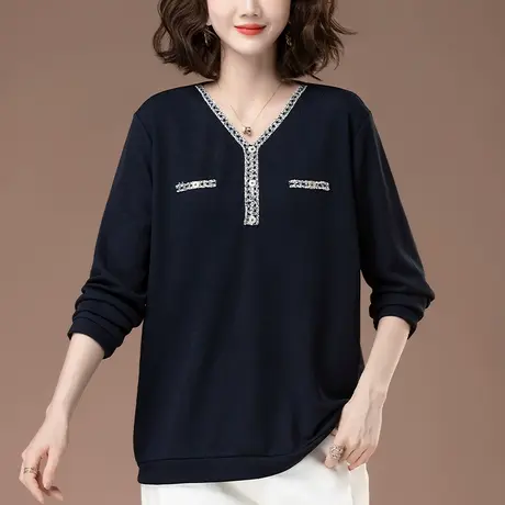 长袖t恤女春秋新款加肥加大码女装宽松百搭休闲洋气V领显瘦打底衫图片