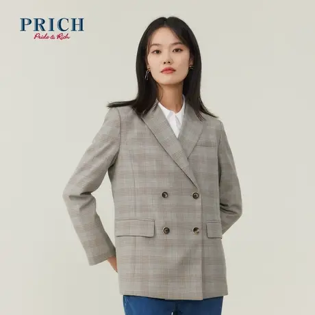 PRICH西装新品秋冬新款直身型格纹手感细腻四粒扣上衣外套女商品大图