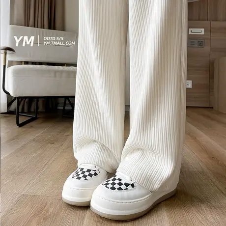 雪尼尔阔腿裤女加绒高腰垂感2023新款直筒休闲秋冬灯芯绒白色裤子图片
