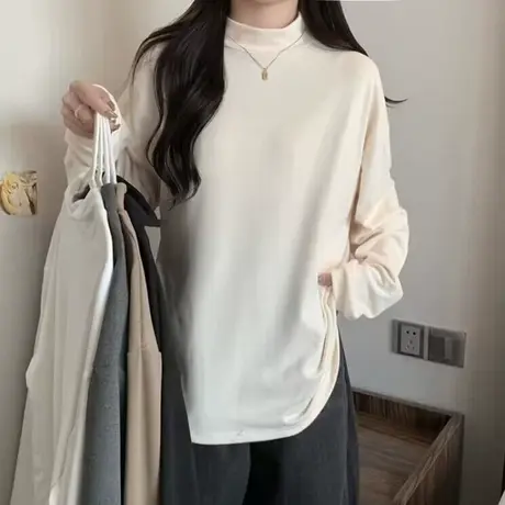 德绒半高领长袖T恤女秋冬韩版宽松显瘦内搭加绒保暖打底衫上衣商品大图