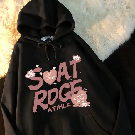 ins甜酷带帽卫衣女秋vintage设计感chic港味加绒外套小众宽松上衣商品大图