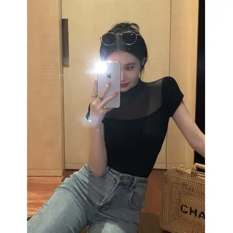 美式复古辣妹紧身短袖t恤女2024新款夏季小个子正肩显瘦短款上衣商品大图