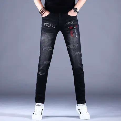 2023新款男士烫钻印花牛仔裤男秋冬弹力高端潮牌修身小脚休闲裤子商品大图