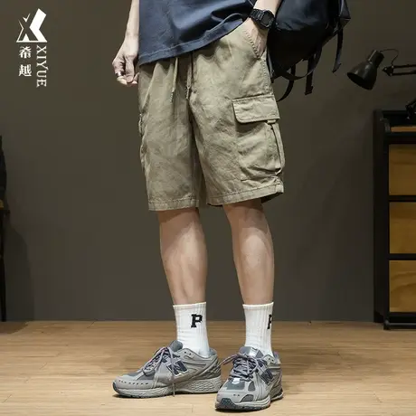 希越深卡其色工装短裤男夏季外穿宽松加肥加大五分裤直筒口袋裤子商品大图