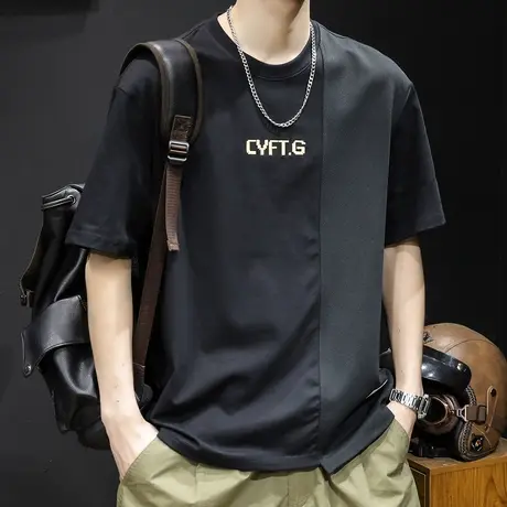 2024新款短袖t恤男宽松潮牌大码男装男士拼接撞色体恤男款重磅棉商品大图