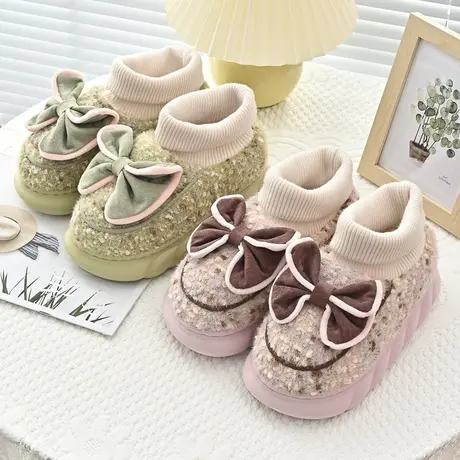 棉拖鞋女包跟冬季室内家居可爱蝴蝶结厚底保暖防滑毛绒棉拖可外穿商品大图