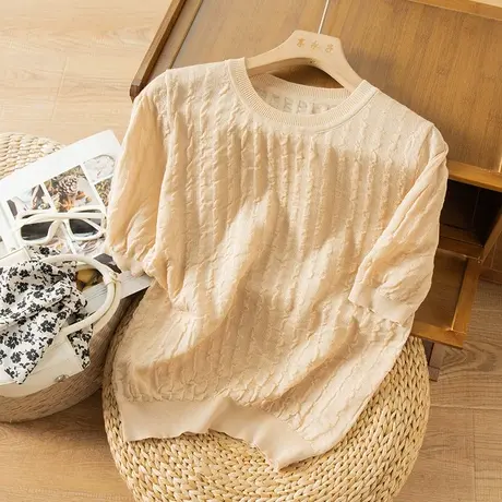 享永子短袖条纹天丝针织衫套头上衣显瘦百搭气质复古2023春夏新款商品大图