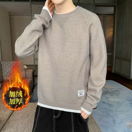 加绒假两件毛衣男士2023秋冬季新款保暖内搭线衣休闲打底针织衫男商品大图