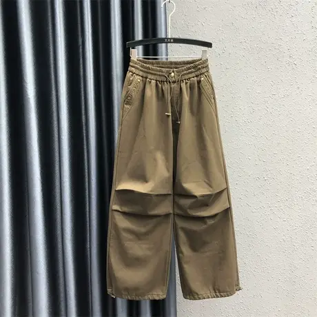 欧货休闲裤女2023秋冬新款咖啡色松紧腰时尚百搭加厚阔脚直筒长裤图片