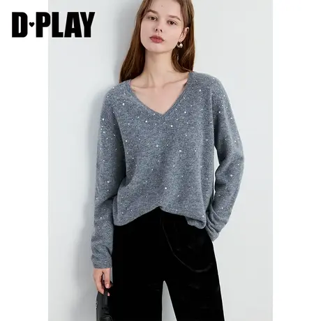 DPLAY春灰色V领烫钻宽松慵懒风全羊毛针织衫内搭女士毛衣商品大图