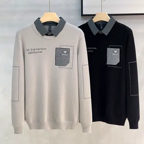 假两件毛衣男衬衫秋冬季内搭衬衣领男士加绒加厚休闲打底衫针织衫商品大图