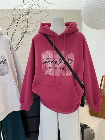 秋冬加绒加厚连帽套头卫衣外套美式复古百搭刺绣字母宽松上衣女商品大图