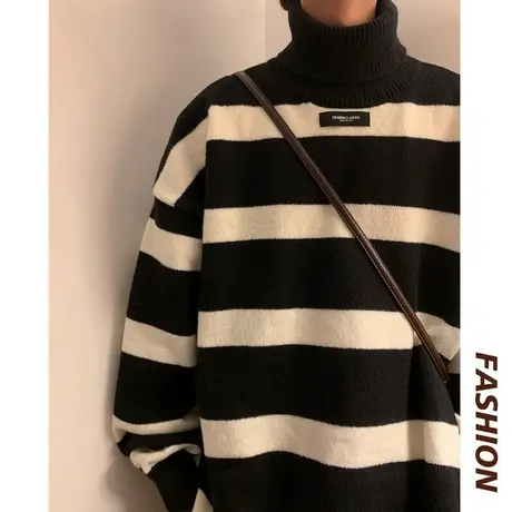 秋冬季高领毛衣男慵懒风潮牌宽松厚款百搭内搭上衣港风条纹针织衫图片