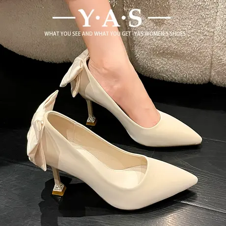 法式白色高跟鞋女细跟绸缎婚鞋婚纱2024年新款镂空小码尖头单鞋潮商品大图