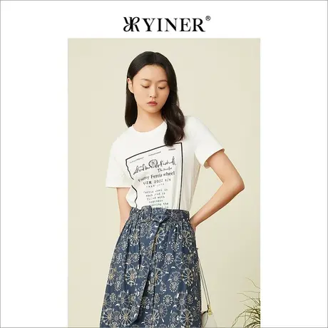 YINER音儿女装2022夏季弹力英文圆领短袖针织衫图片