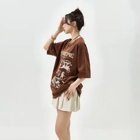 YEP美式复古印花短袖t恤女夏季2024新款美拉德穿搭情侣装宽松上衣商品大图