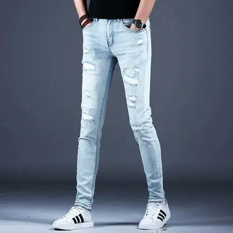 男士2024新款牛仔裤子男款修身浅色破洞补丁小脚乞丐四季潮男长裤商品大图