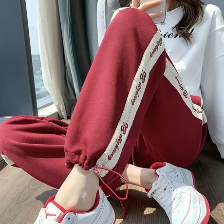 美式红色运动裤女2024春秋高腰直筒宽松阔腿休闲显瘦灯笼束脚卫裤图片