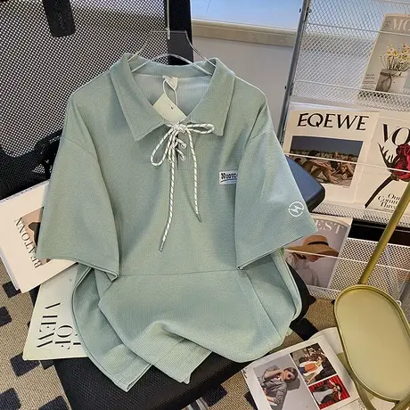 美式复古polo领短袖t恤女夏季新款韩版宽松设计感小众港风上衣服商品大图