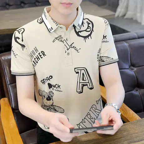 夏季男士短袖t恤半截袖翻领Polo衫男装打底衫潮流印花上衣服体恤T商品大图