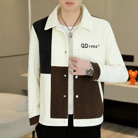 韩版拼接撞色外套男士春秋款翻领工装夹克潮牌青年华夫格褂子上衣商品大图