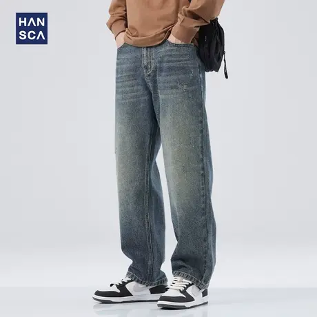 hansca秋季美式复古牛仔裤男款高街阔腿裤男士宽松直筒休闲裤子潮商品大图