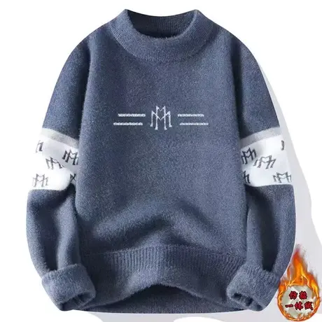 2023冬季新款男士半高领加绒加厚针织衫个性毛衣线衫仿貂绒毛线衣商品大图