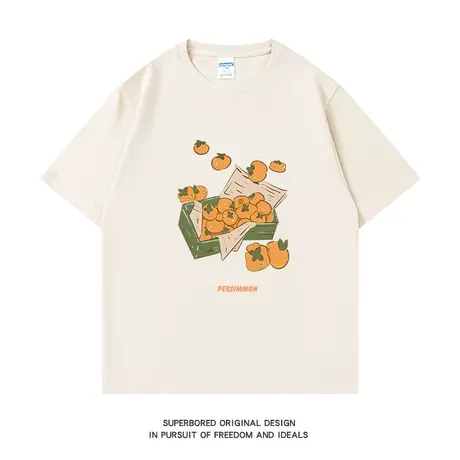 文艺复古风柿子印花纯棉短袖T恤男ins港风潮牌夏季情侣装宽松上衣图片