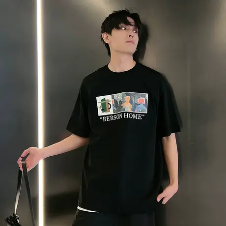 短袖t恤男夏季个性涂鸦印花字母上衣半袖潮牌网红体恤宽松半截袖商品大图