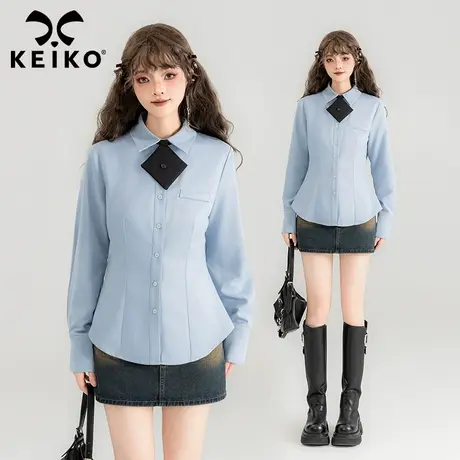 KEIKO 蓝色通勤长袖衬衫女2024春夏学院风polo领修身收腰显瘦上衣商品大图