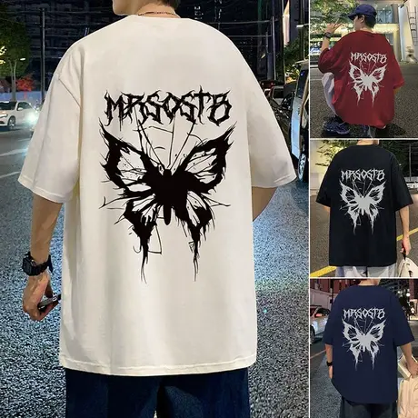 纯棉美式潮牌ins蝴蝶印花短袖t恤男2024夏季新款高街hiphop上衣服商品大图