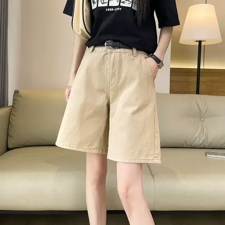 杏色五分牛仔短裤女夏季薄款高腰a字直筒宽松小个子阔腿显瘦中裤商品大图