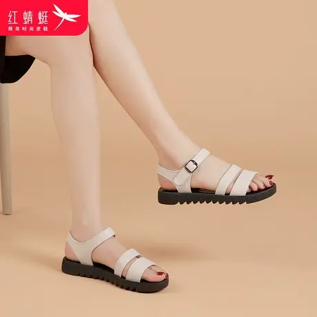 红蜻蜓女凉鞋平底软底厚底日常上班族罗马鞋圆头低跟中老年妈妈鞋商品大图