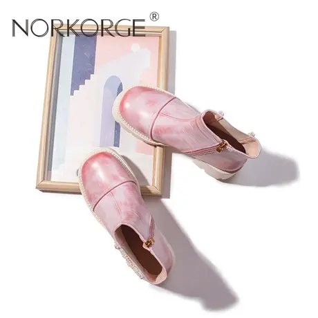 2023新款冬复古甜美蜜桃粉短靴真皮防滑保暖珍珠厚底切尔西靴女鞋商品大图