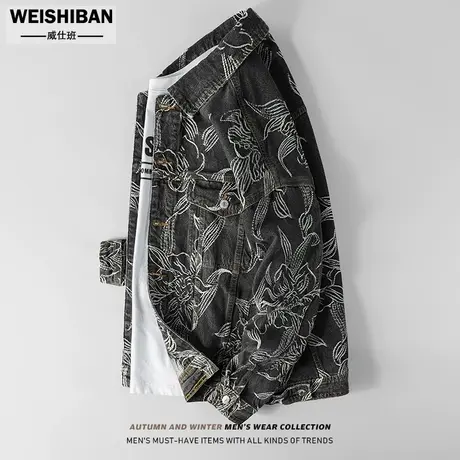 春秋23新款老花刺绣潮牌黑色牛仔夹克男外套情侣装高街痞帅牛仔衣商品大图