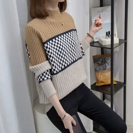 半高领毛衣女棋盘格加厚打底衫2023秋冬新款外穿针织衫内搭上衣潮商品大图