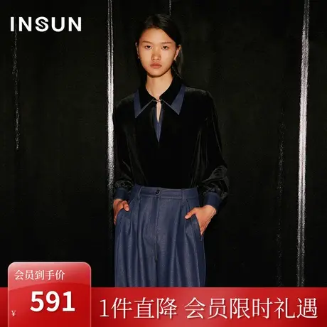 恩裳COVER2023年秋装轻奢撞色设计利落复古丝绒丝滑休闲衬衫上衣商品大图