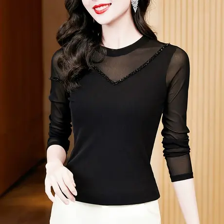 性感网纱打底衫女长袖2023秋季新款时尚钉珠上衣百搭修身显瘦T恤商品大图